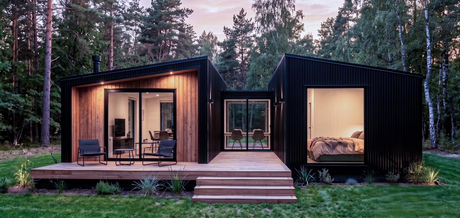 Exterior del modelo 60 m² al atardecer